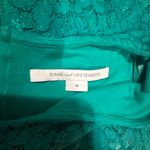 Diane Von Furstenberg  Teal Lace Blouse Feminine Romantic Silk-Lined Top Gold Zip Photo 2