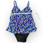 Swim Solutions Fauxkini Triple Tier One Piece Swimsuit Blue Purple Sz 8 NWT Photo 3