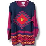 Vintage Margules women’s medium knit sweater shoulder pads tribal Aztec design Blue Photo 10