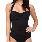 Tommy Bahama Pearl V-Front Ruched Halter Sun Protection One Piece Swimsuit Black Photo 0