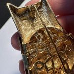 Signed Avon Solid Perfume Holder Brooch Pin Gold Tone Owl With Green Rhinestone Photo 4