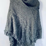 Kenar  Gray Wool Blend Cable Knit Cowl Neck Fringed Poncho XL Photo 0