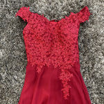 Lace Off the Shoulder with Slit and Lace Up Back Formal Dress in Red, Size US 4 Red Photo 1
