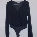 SO NWT  Black Long Sleeve V Neck Faux Wrap Thong Back Bodysuit Photo 0