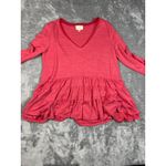 Deletta  Peplum Top Ruffle Hem Long Sleeve V-Neck Blouse Coral‎ Pink XSP Photo 5