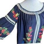 NWT Womens Flower & Feather Floral Off Shoulder 1/2 Sleeve Boho Peasant Top 1X Blue Photo 1