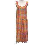 Time and Tru Women's Flutter Sleeve Tiered Plaid Midi Dress Pink Yellow‎ Size L Size L Photo 2