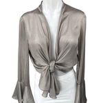 Bardot Silver Silk Satin Bell Long Sleeve Tie Hem Cropped Blouse Top Size 6/S Photo 0