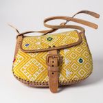 Handmade Vintage‎ Yellow Woven Pattern & Leather Crossbody Bag With Adjustable Strap Photo 0