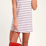 Lulus NWT Cafe Society White Red Lined Striped Shirt Dress Fisherman SM Photo 0