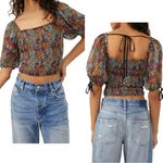 Free People  Back On Crop Top Smocked Puff Sleeves Floral Printed Large NWT Photo 1