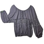 Free People  Shirt Womens XS Gray Boho Peasant Crochet Lace Tassel Long Sleeve Photo 10
