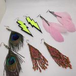Lot Of 4 Costume Earrings Pierced Dangle Drop / Feather, Lightning Bolt, Bead Photo 0