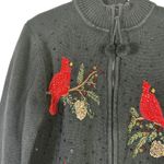 Tiara International Cardinal Bird Knit Jacket Womens M Black Zip Beaded Holiday Photo 2