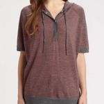 Eileen Fisher Merino Wool Short Sleeve Hooded Sweater Stripes Red Grey Medium Photo 2