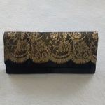 Black Satin and Gold Metallic Floral Lace Cocktail Clutch Handbag Photo 4