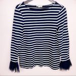 BeachLunchLounge  Striped Tulle Ruffle Cuff Long Sleeve Shirt Blue White Small Photo 7