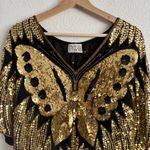 Vintage 70s Gold Black Silk Sequin Beaded Butterfly Boho Disco V Neck Drape Top Photo 1