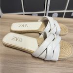 ZARA  Women's White Criss Cross Leather and Jute Slides Sandals Photo 5