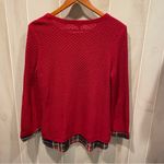 Talbots Cute cranberry open weave cotton sweater tartan plaid faux shirt trim Photo 8