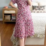 Shoshanna Roselle Pink Floral Ruched Midi Dress Photo 0