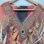 3/4 Sleeve Floral Print Top w Mesh Trimmed V Neckline & Beaded Medallions Bleu Size L Photo 5