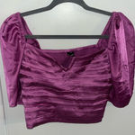 EXPRESS  Magenta Pink Satin V-Bar Puff Sleeve Ruched Pleated Crop Top Photo 0