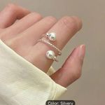 Adjustable Silver Spiral Zinc Alloy Non Plated Luxurious Ring With Pearl Photo 3