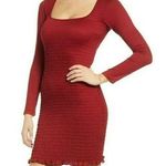 Row A Deep Red Smocked Square Neck LongSleeve Bodycon MiniDress. Photo 0