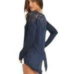 Free People Gatsby Boho Lace Scoop Neck Blue Ribbed Long Sleeve Top Size Medium Photo 3