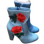 Bamboo NIB  Blue Denim Rose Flower Embroidered Ankle Booties Women's Size 6 Photo 2