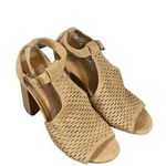 EXPRESS Tan Faux Suede Perforated Open Toe Ankle Strap Block Heel Women SZ 6 Photo 0