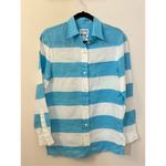 Escada Sport Aqua and White Striped Color Block Linen Button Down Blouse S Blue Photo 5