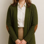 Market & Spruce  Green Open Cable Knit Cardigan Small Elbow Patches Preppy Wool Photo 0
