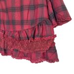 POL Plaid Blouse with Lace Peplum Short Sleeve Lace Up Back Top Medium Photo 1