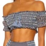 Jonathan Simkhai Striped Smocked Off Shoulder Puff Sleeves Bikini Top Gray Size M Photo 0