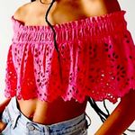 Free People  ONE PERLA PINK EYELET CROPPED OFF THE SHOULDER RUFFLE TOP L Photo 1