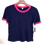 Nordstrom S Short Sleeved Cotton Blend Contrast Trim Crew Neck Top in Navy Photo 0