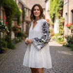 Free People  Embroidered Dress Long Sleeve Tiered Mini White Black Boho‎ NWOT Photo 1