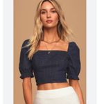 Lulus Lulu’s Dark Wash Polka Dot Denim Puff Sleeve Crop Top Photo 6