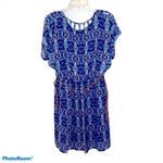 Cato Caged Back Belted Midi Blouson Dress Medium Blue Tan Cream Pattern Photo 1
