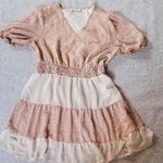 Paper Crane Tan and Cream Puff Sleeve Mini Sundress Size L Photo 2