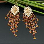 Unsigned Pink/Gold Bohemian Long Beaded Chandelier Festival Boho Earrings 35.5g Photo 7