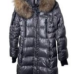 SAM. Women metallic silver millennium knee length puffer down coat fox fur sz S Photo 0