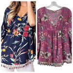 Boho Floral Fringe Tassel Hem Flowy Rayon Top Sz L Purple Floral V Neck Peasant Size L Photo 1