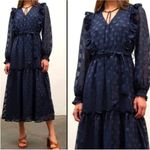 Moon River Navy Polka Dot Midi Dress Small Sheer Long Sleeve Ruffle Tie Belt Photo 2