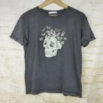 Mango MNG T-Shirt Womens S Gray Skull Butterfly Graphic Tee Rock Goth Macabre Photo 0