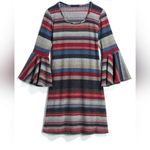 J. Rose Meoimi Knit Dress Flared Trumpet Sleeve Stripes Boho Sz 8P EUC Green Photo 0