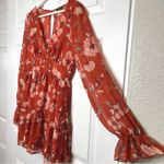 Privy Floral Print Mini Dress Long Sleeve Rust Red V Neck Ruffle Hem Small Photo 2