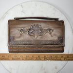 Antique Tooled Leather Clutch Handbag Brown Gold Taffeta Kiss Lock Handle Purse Photo 2